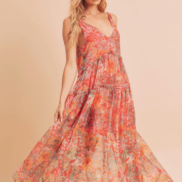 ❤️ AEMI AND CO “ Crimson” AEMI & CO. Floral Tiered Maxi Dress with Pockets BR52 - Picture 4 of 9